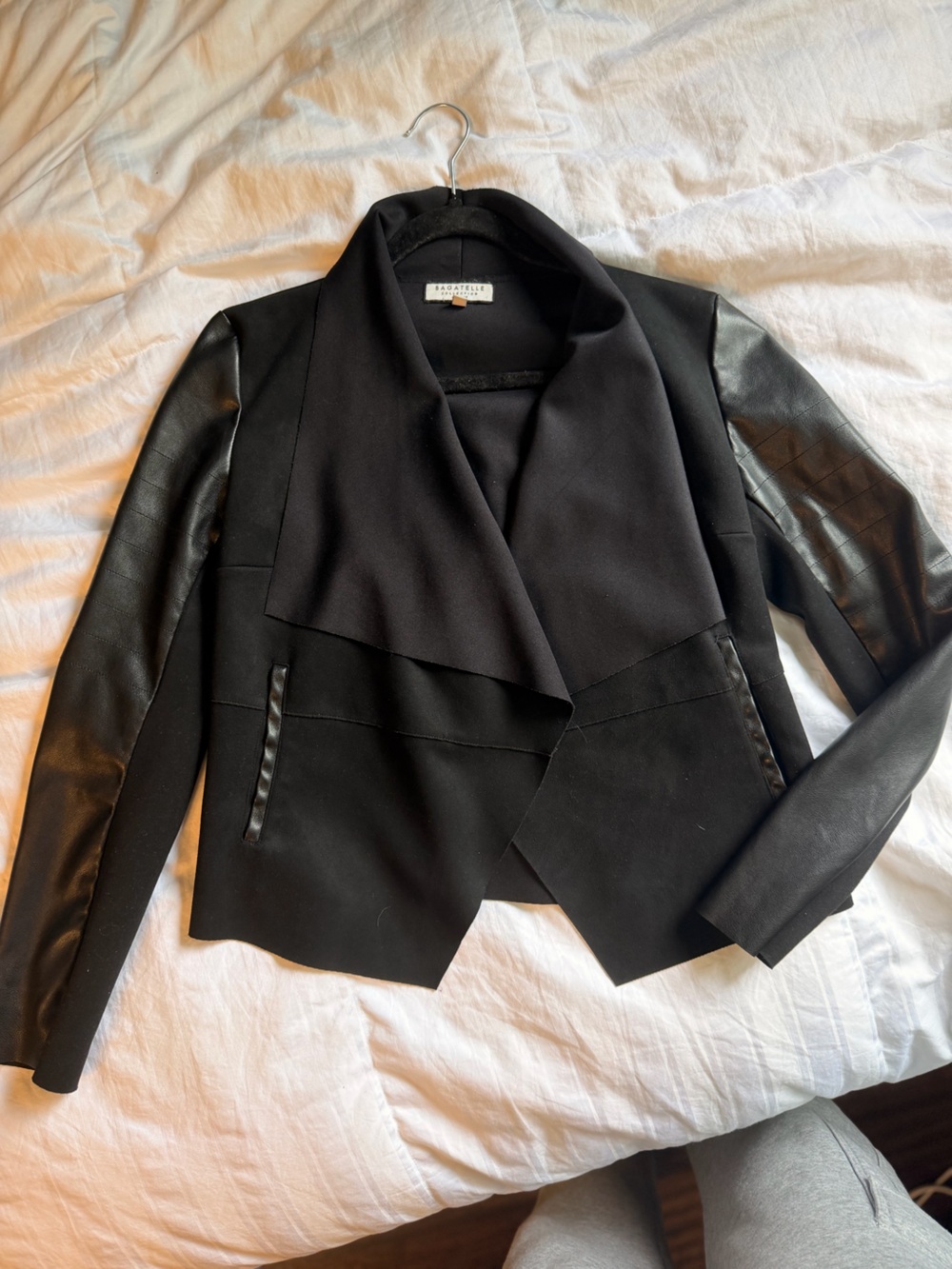 bagatelle Black Draped Jacket with Faux Leather Sleeves